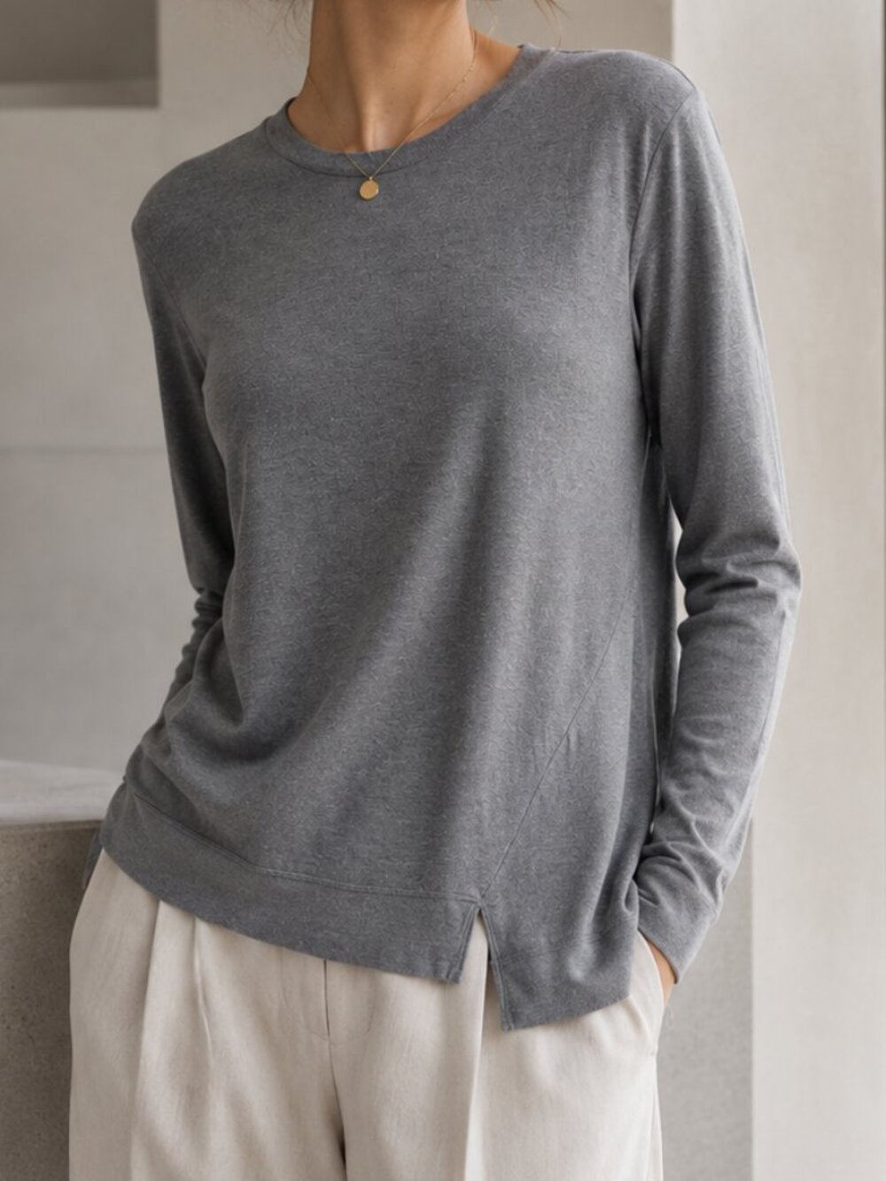 T by Alexander Wang Gray Modal Long Sleeve Crewneck Tee XS